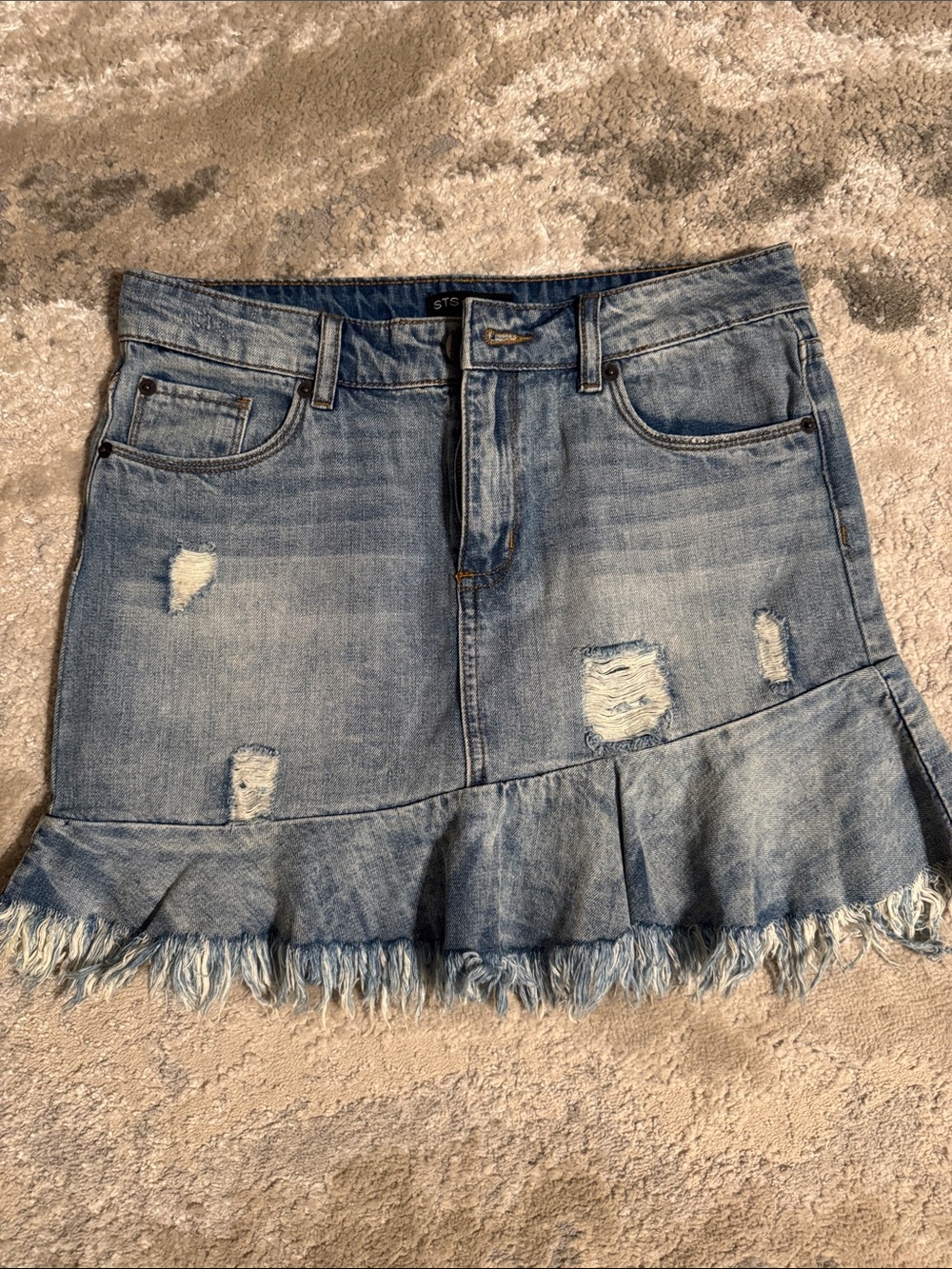 STS Blue Light Blue Distressed Denim Ruffle Mini Skirt